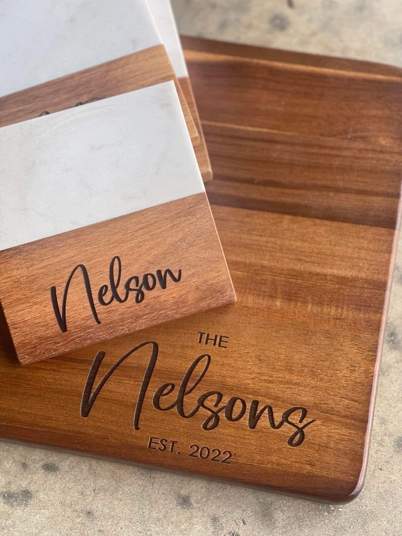 Personalized Acacia Serving Board with 4 Acacia and Marble Coasters