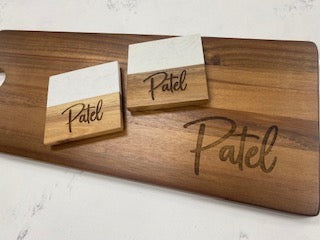 Personalized Acacia Serving Board with 4 Acacia and Marble Coasters